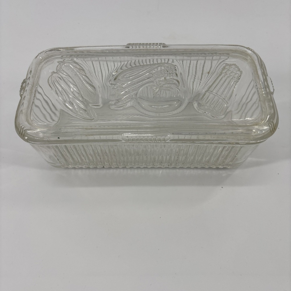 Vintage Federal Glass 8" Refrigerator Dish Rectangular w/ Lid Vegetable Pattern